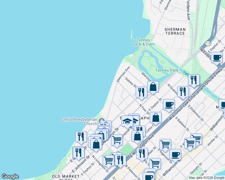 map of restaurants, bars, coffee shops, grocery stores, and more near 1158 Sherman Avenue in Madison