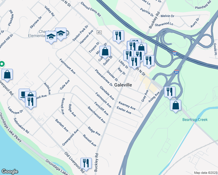 map of restaurants, bars, coffee shops, grocery stores, and more near 108 Pleasantview Drive in Liverpool