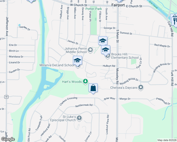 map of restaurants, bars, coffee shops, grocery stores, and more near 2 Woodbury Way in Fairport