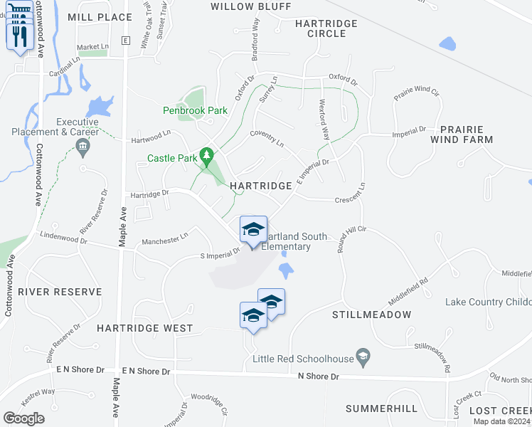 map of restaurants, bars, coffee shops, grocery stores, and more near 734 East Imperial Drive in Hartland