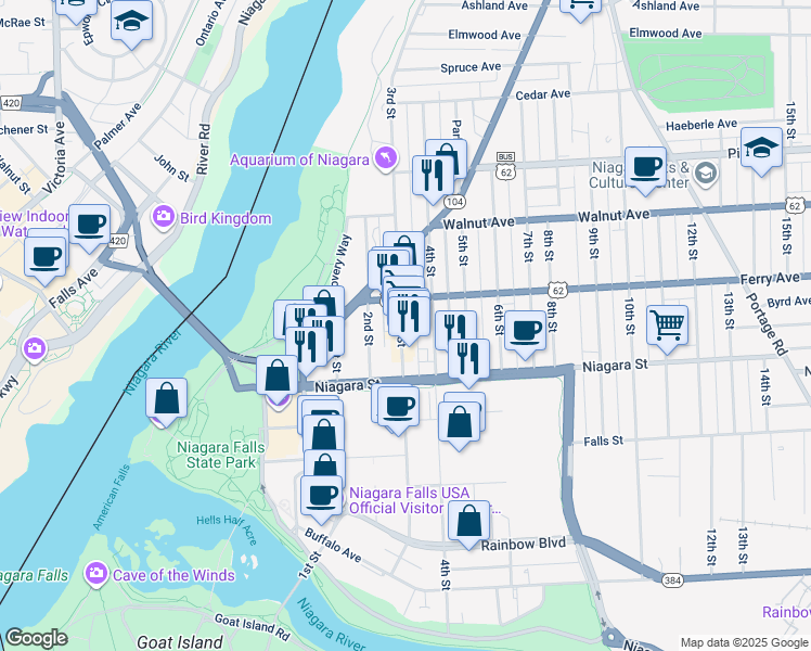 map of restaurants, bars, coffee shops, grocery stores, and more near 473 3rd Street in Niagara Falls