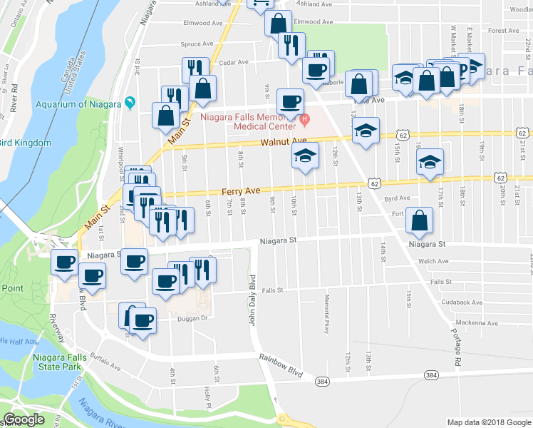 map of restaurants, bars, coffee shops, grocery stores, and more near 442 9th Street in Niagara Falls