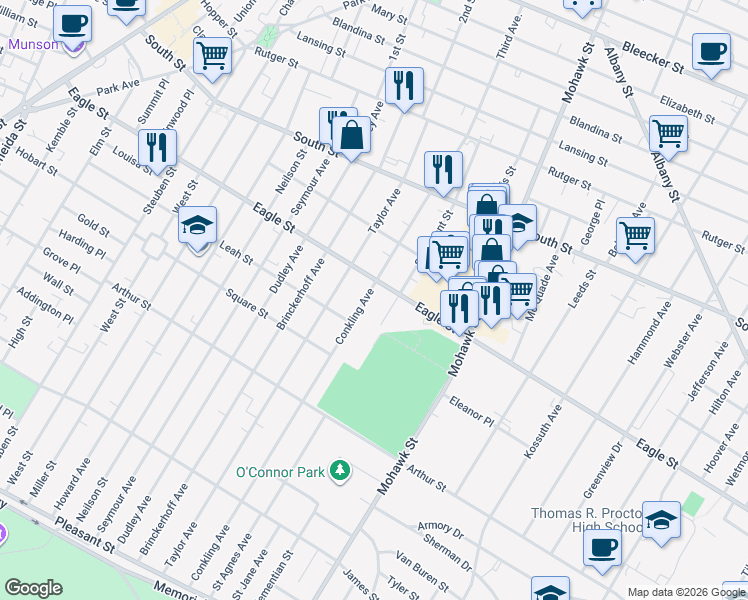 map of restaurants, bars, coffee shops, grocery stores, and more near 502 Eagle Street in Utica