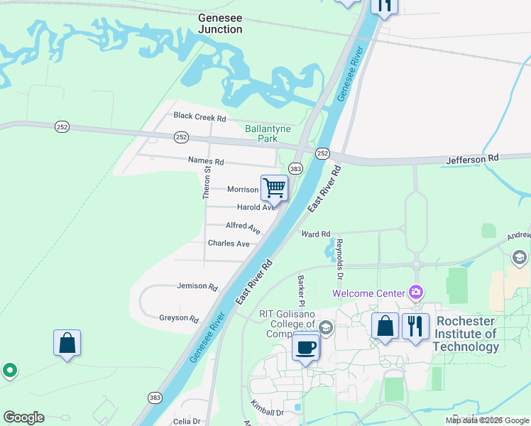 map of restaurants, bars, coffee shops, grocery stores, and more near 12 Harold Avenue in Rochester