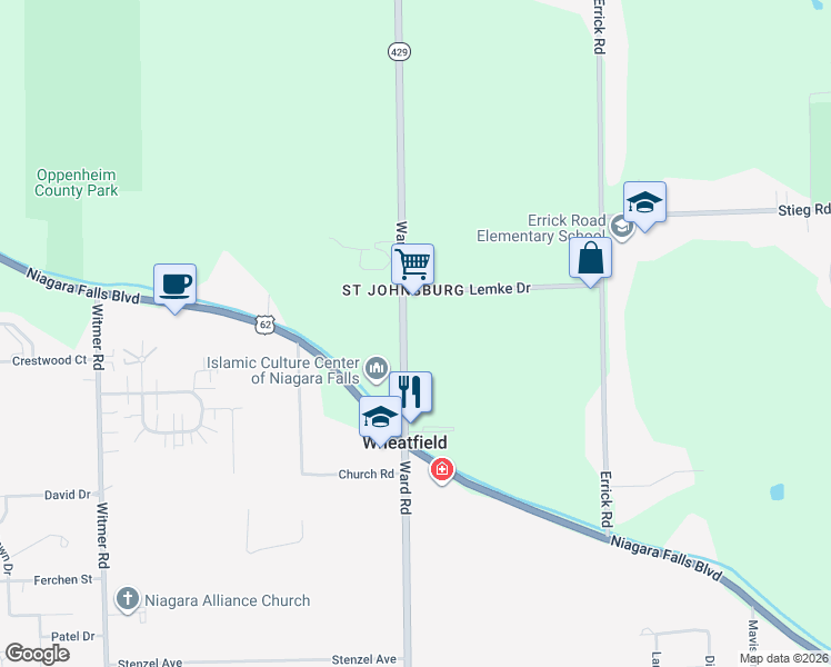 map of restaurants, bars, coffee shops, grocery stores, and more near 6879 Ward Road in Niagara Falls