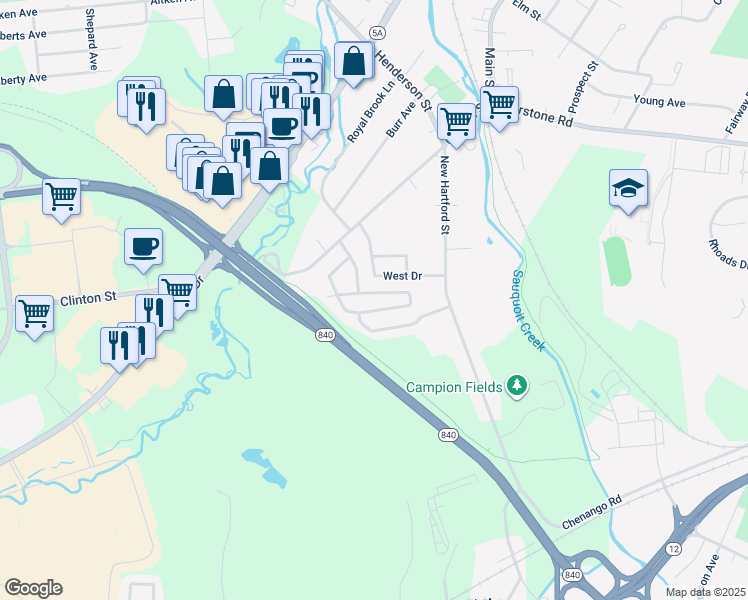 map of restaurants, bars, coffee shops, grocery stores, and more near 77 Clinton Street in New York Mills