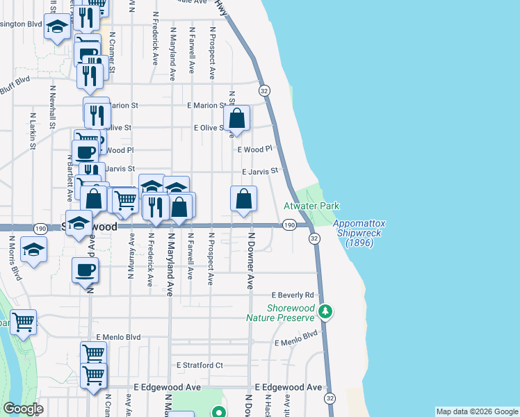 map of restaurants, bars, coffee shops, grocery stores, and more near 4040 North Downer Avenue in Shorewood