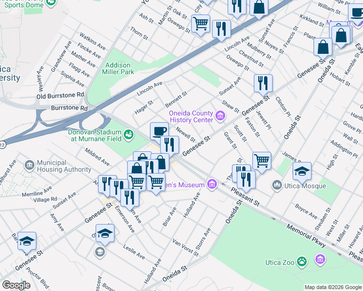 map of restaurants, bars, coffee shops, grocery stores, and more near 1657 Sunset Avenue in Utica