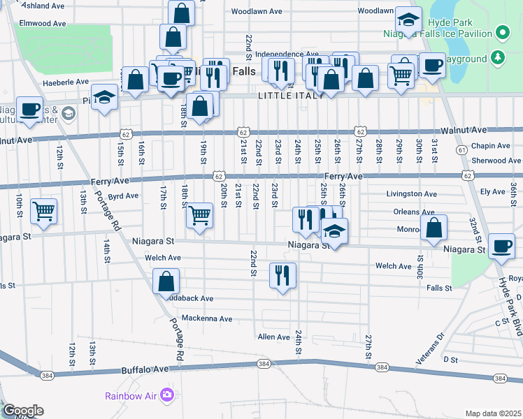 map of restaurants, bars, coffee shops, grocery stores, and more near 470 23rd Street in Niagara Falls