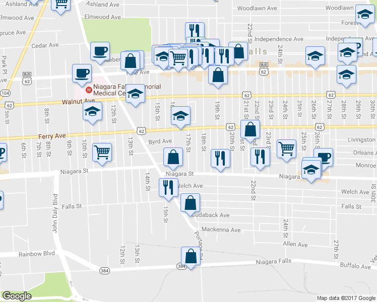 map of restaurants, bars, coffee shops, grocery stores, and more near 452 17th Street in Niagara Falls