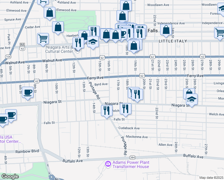 map of restaurants, bars, coffee shops, grocery stores, and more near 479 16th Street in Niagara Falls