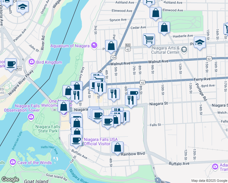 map of restaurants, bars, coffee shops, grocery stores, and more near 411 Ferry Avenue in Niagara Falls