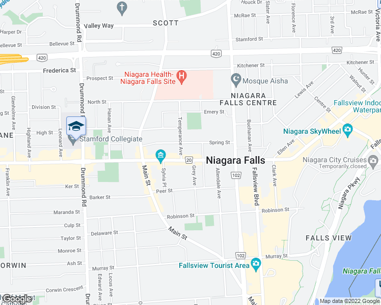 map of restaurants, bars, coffee shops, grocery stores, and more near 5687 Ferry Street in Niagara Falls