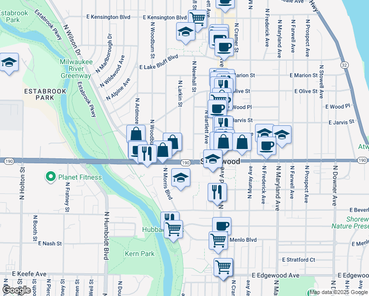 map of restaurants, bars, coffee shops, grocery stores, and more near 4042 North Larkin Street in Milwaukee