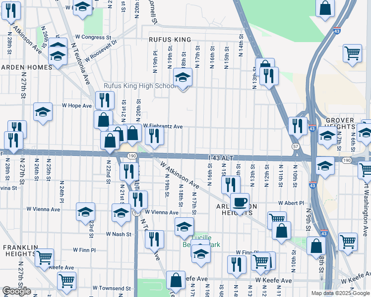 map of restaurants, bars, coffee shops, grocery stores, and more near 4038 North 18th Street in Milwaukee