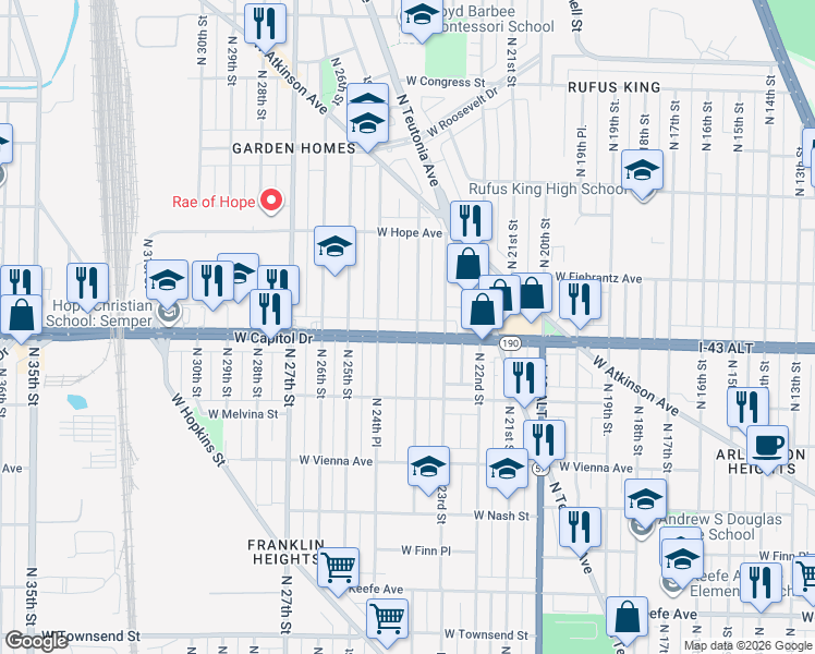 map of restaurants, bars, coffee shops, grocery stores, and more near 4023 North 24th Street in Milwaukee