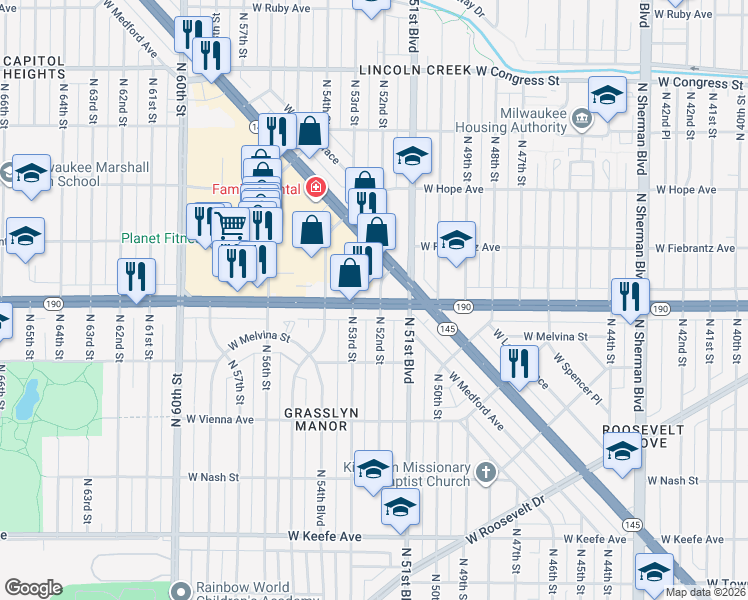 map of restaurants, bars, coffee shops, grocery stores, and more near 5120 W Capitol Dr in Milwaukee