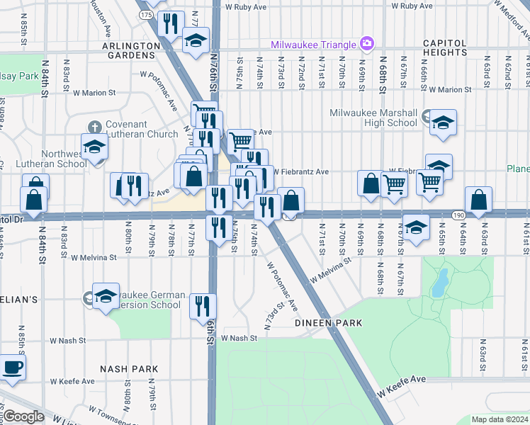map of restaurants, bars, coffee shops, grocery stores, and more near 7307 West Beckett Avenue in Milwaukee