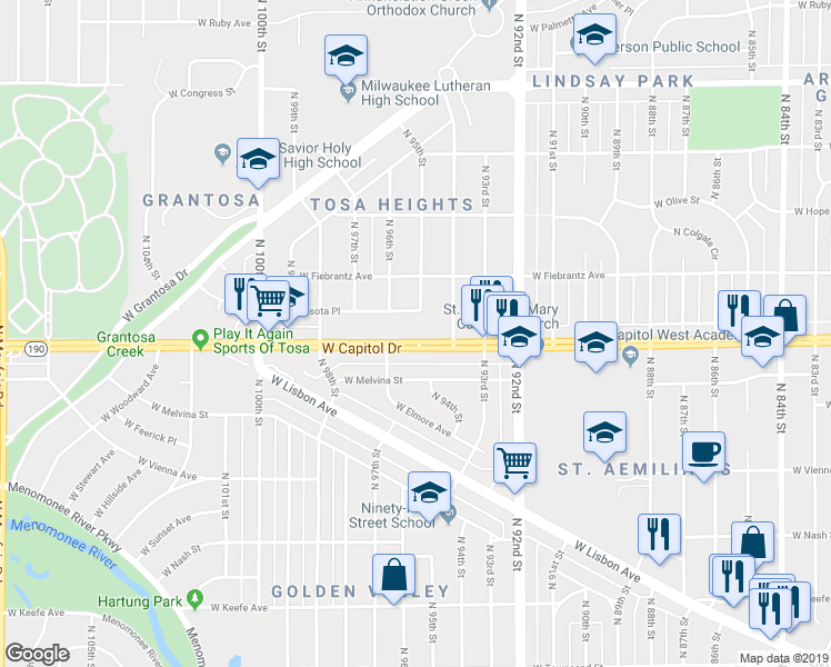 map of restaurants, bars, coffee shops, grocery stores, and more near 9511 West Sarasota Place in Wauwatosa