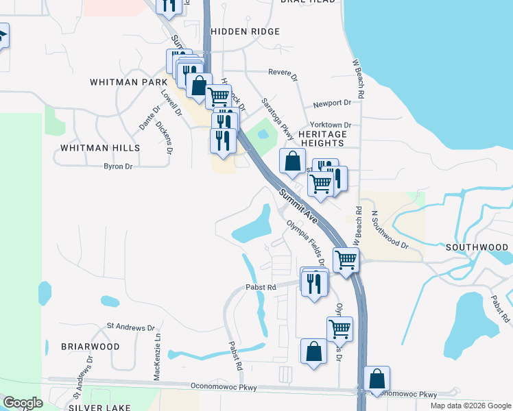 map of restaurants, bars, coffee shops, grocery stores, and more near 1021-1051 Regent Road in Oconomowoc