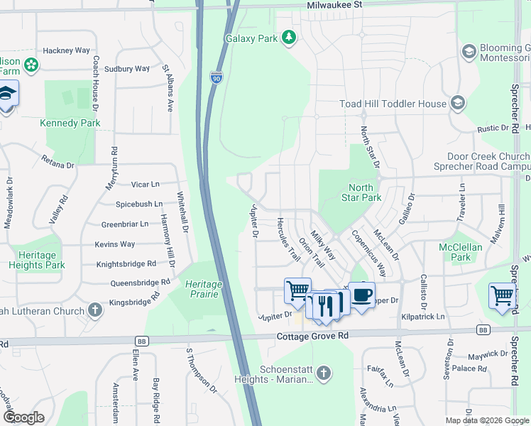 map of restaurants, bars, coffee shops, grocery stores, and more near 558 Hercules Trail in Madison