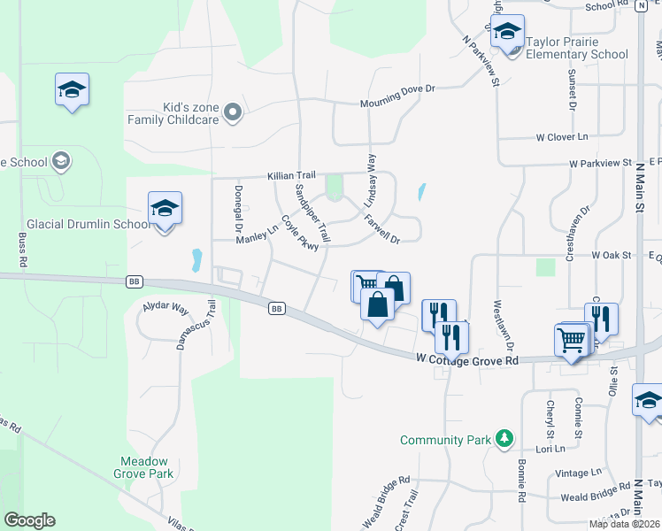 map of restaurants, bars, coffee shops, grocery stores, and more near 720 Sandpiper Trail in Cottage Grove