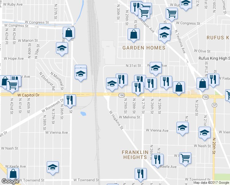 map of restaurants, bars, coffee shops, grocery stores, and more near 3012 West Capitol Drive in Milwaukee