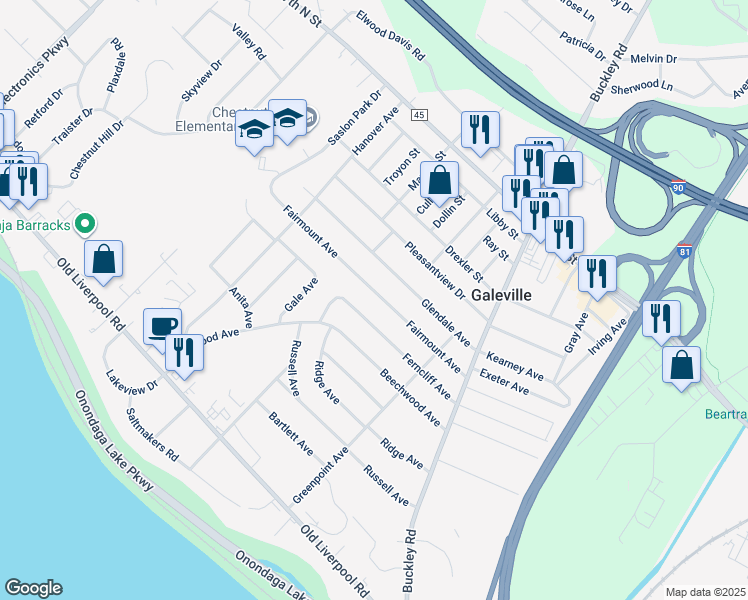 map of restaurants, bars, coffee shops, grocery stores, and more near 245 Fairmount Avenue in Liverpool