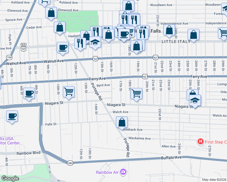 map of restaurants, bars, coffee shops, grocery stores, and more near 445 16th Street in Niagara Falls