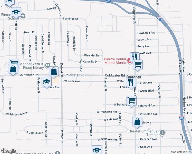 map of restaurants, bars, coffee shops, grocery stores, and more near 1175 Coldwater Road in Flint