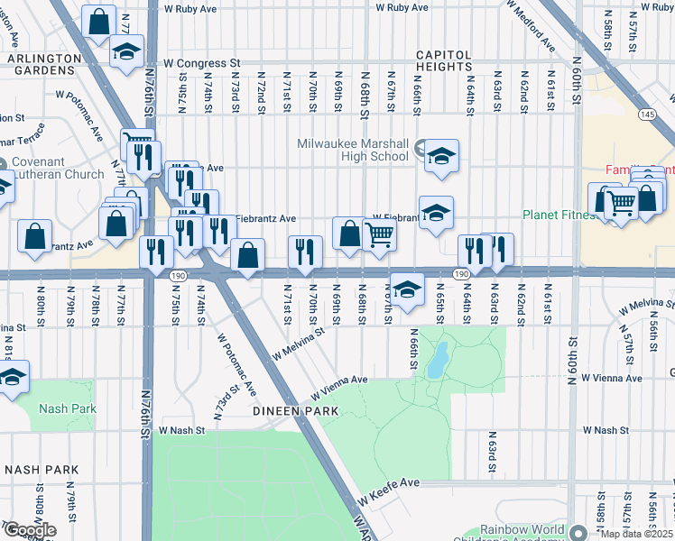 map of restaurants, bars, coffee shops, grocery stores, and more near W Capitol Dr & N 69th St in Milwaukee