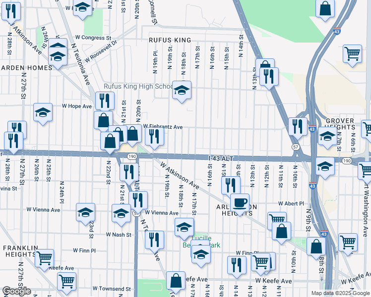map of restaurants, bars, coffee shops, grocery stores, and more near 4038 North 18th Street in Milwaukee