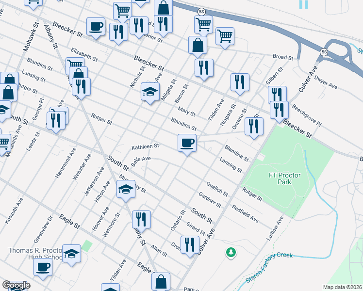 map of restaurants, bars, coffee shops, grocery stores, and more near 1323 Lansing Street in Utica