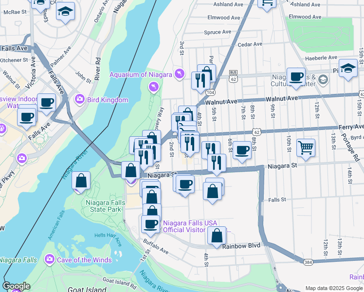 map of restaurants, bars, coffee shops, grocery stores, and more near 473 3rd Street in Niagara Falls