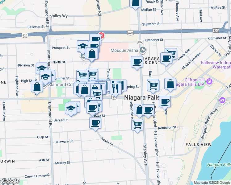 map of restaurants, bars, coffee shops, grocery stores, and more near in Niagara Falls