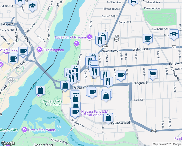 map of restaurants, bars, coffee shops, grocery stores, and more near 473 3rd Street in Niagara Falls