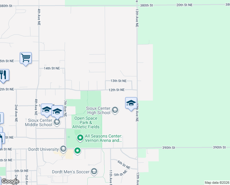 map of restaurants, bars, coffee shops, grocery stores, and more near 1133 12th Street Northeast in Sioux Center