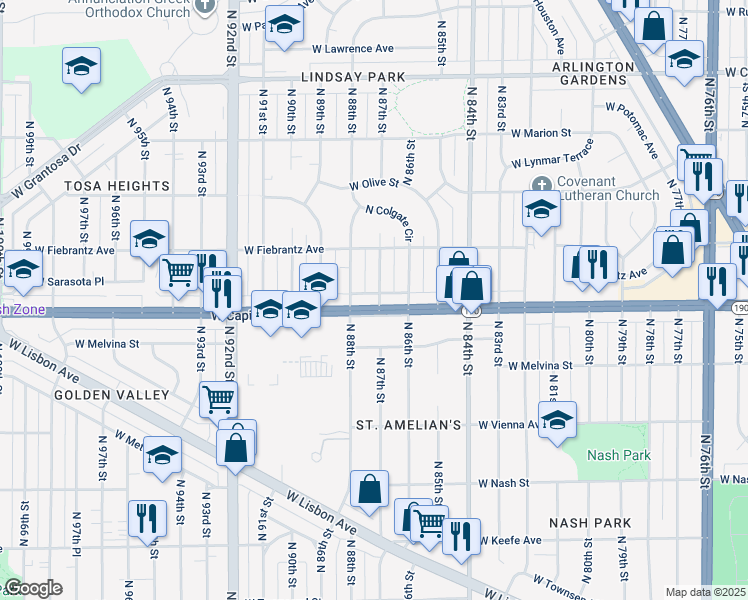 map of restaurants, bars, coffee shops, grocery stores, and more near 8702 West Capitol Drive in Milwaukee