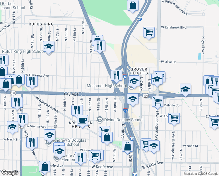 map of restaurants, bars, coffee shops, grocery stores, and more near 4057 North Green Bay Avenue in Milwaukee