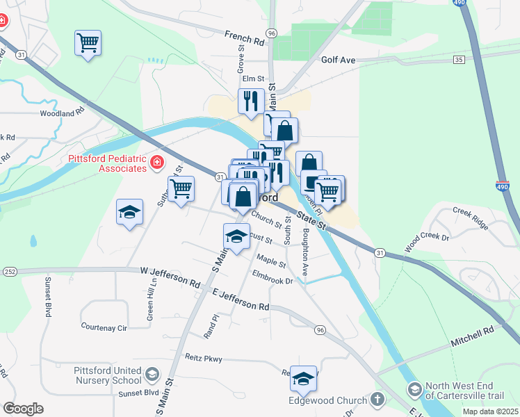 map of restaurants, bars, coffee shops, grocery stores, and more near 7 State Street in Pittsford