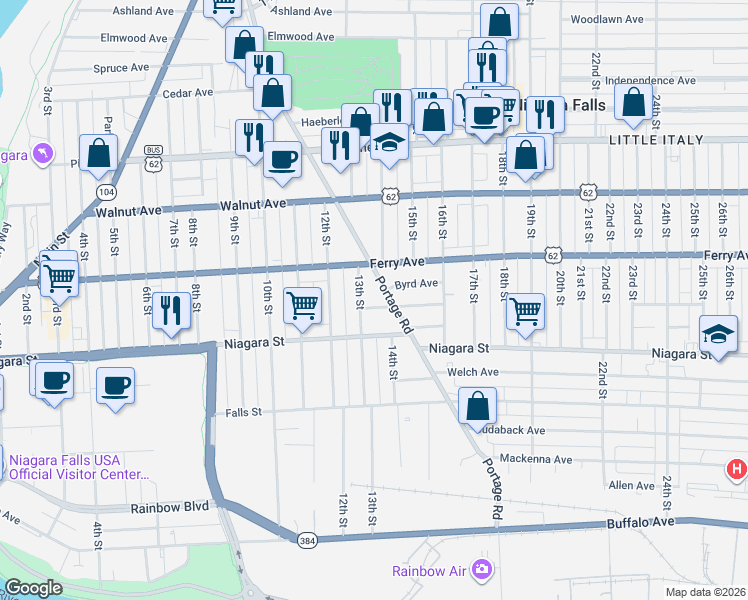 map of restaurants, bars, coffee shops, grocery stores, and more near 476 Portage Road in Niagara Falls