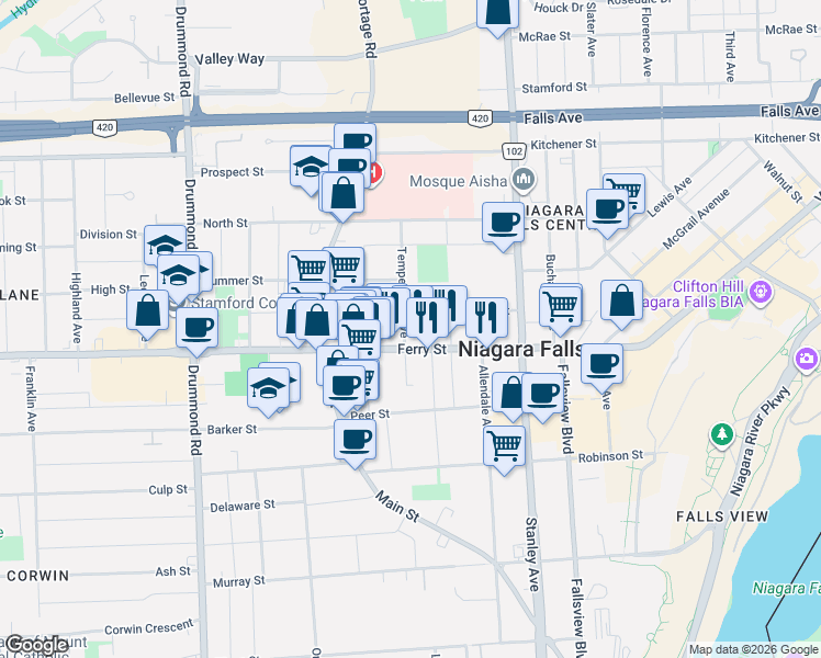 map of restaurants, bars, coffee shops, grocery stores, and more near 5830 Temperance Avenue in Niagara Falls