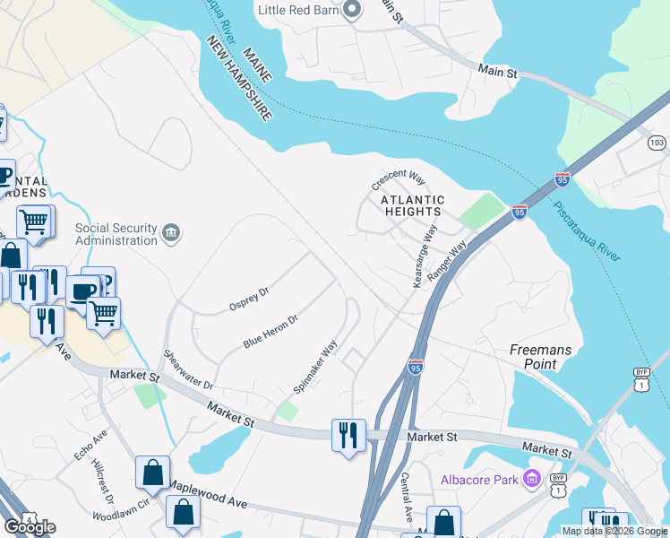 map of restaurants, bars, coffee shops, grocery stores, and more near 6 Dunlin Way in Portsmouth