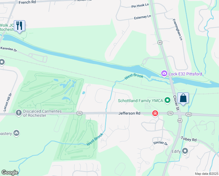 map of restaurants, bars, coffee shops, grocery stores, and more near 33 Eaglewood Circle in Pittsford