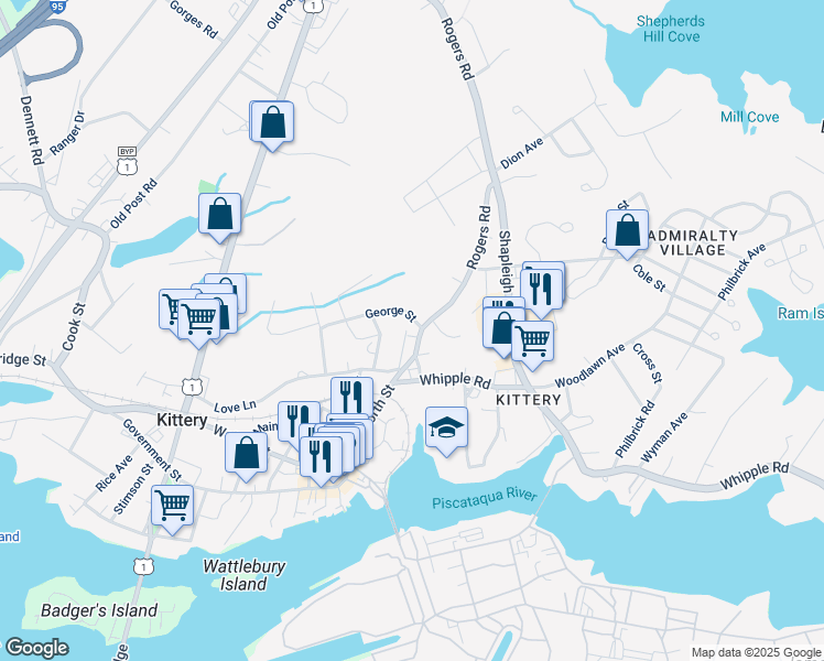 map of restaurants, bars, coffee shops, grocery stores, and more near 33 Rogers Road in Kittery