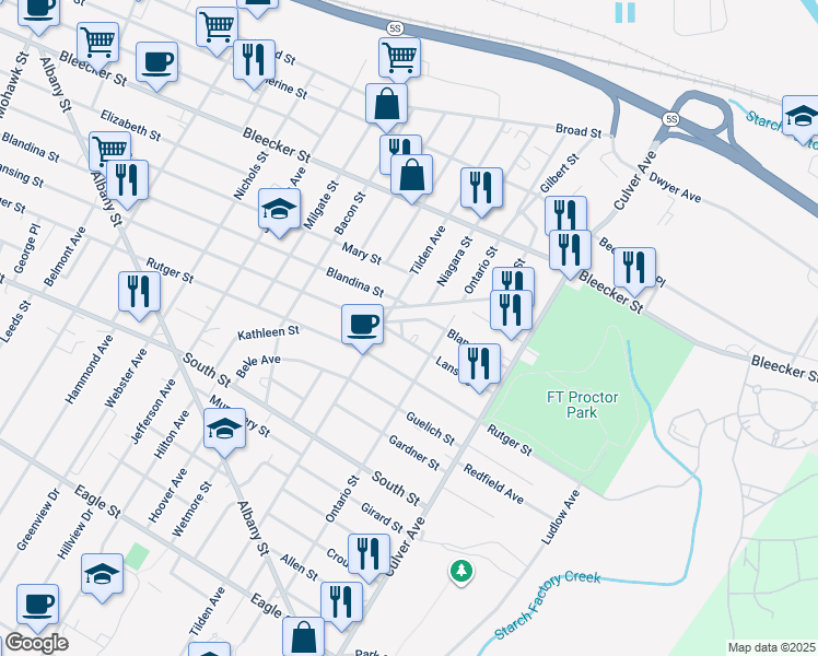 map of restaurants, bars, coffee shops, grocery stores, and more near 1616 Weston Avenue in Utica