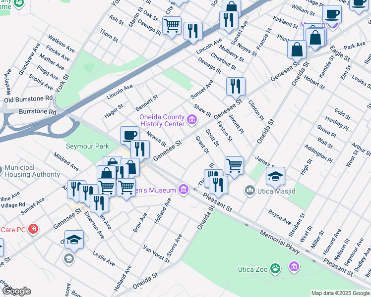 map of restaurants, bars, coffee shops, grocery stores, and more near in Utica