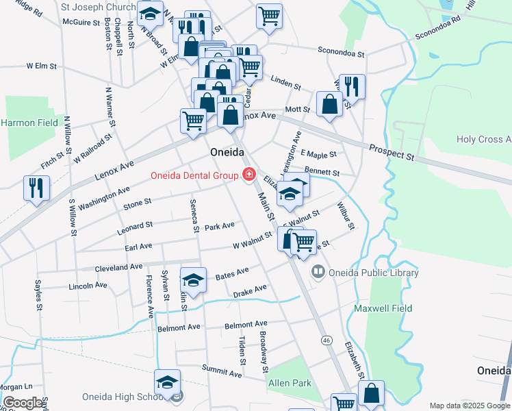 map of restaurants, bars, coffee shops, grocery stores, and more near 320 Main Street in Oneida