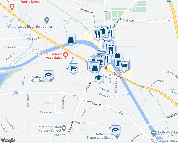 map of restaurants, bars, coffee shops, grocery stores, and more near 10 Washington Avenue in Pittsford