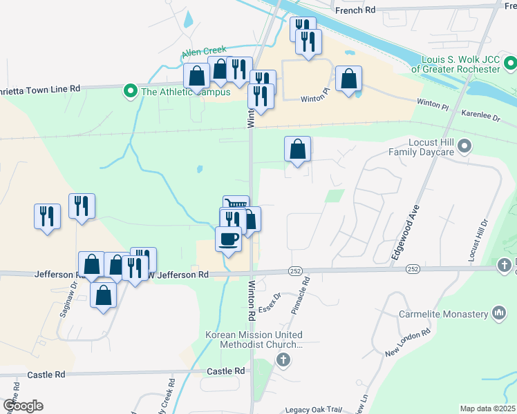 map of restaurants, bars, coffee shops, grocery stores, and more near 3144 South Winton Road in Rochester